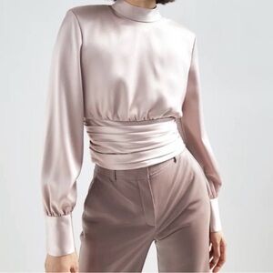 Aritzia Babaton Rosalia Blouse Satin Balloon Sleeve Top Cropped
